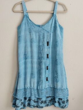 Raya Sun Boho Embroidered Blue Sundress Mini XL
